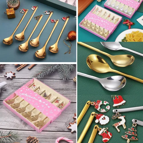 Miniatura 9 de AKOAK 6 unids/set de cuchara de acero inoxidable de Navidad Set creativo café chapado en oro, cuchara de postre cuchara mezcladora de cocina casera