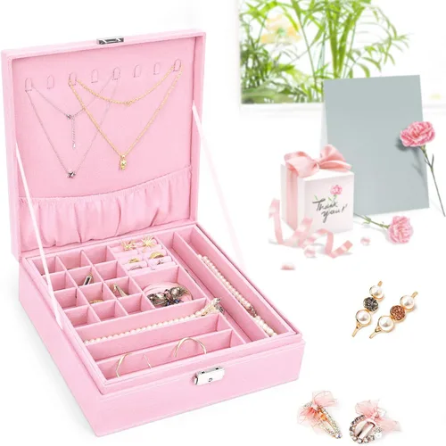 Miniatura 23 de MOSISO Joyero, organizador de almacenamiento de joyas, apilable, de doble capa, con bloqueo, para mujeres, collar, aretes, pulsera, anillo y broche