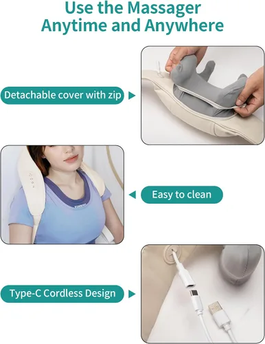 Miniatura 6 de Shiatsu Masajeador de cuello y espalda con calor ajustable, almohada eléctrica de amasamiento de espalda para hombros, cintura, muslos y tejido