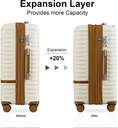 Miniatura 2 de Joyway Maleta de mano extensible de 20 pulgadas con rueda giratoria, juego de equipaje de carcasa dura de 4 piezas con bloqueo TSA (blanco marrón)