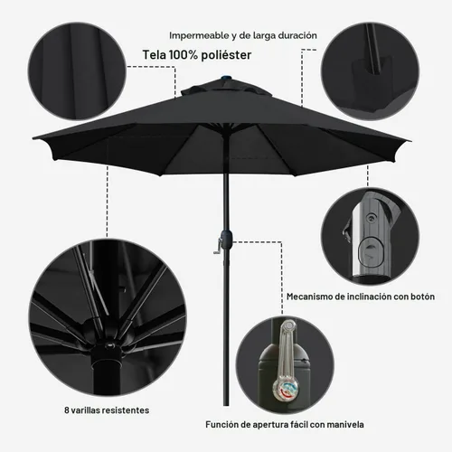 Miniatura 2 de Sunnyglade - Sombrilla de mesa de 9 pies para exteriores, con 8 varillas resistentes Negro