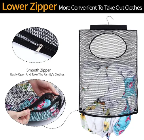 Miniatura 4 de Cesta de lavandería de malla transpirable, ganchos plegables para colgar en la ducha, bolsa de almacenamiento portátil de secado rápido, para Negro