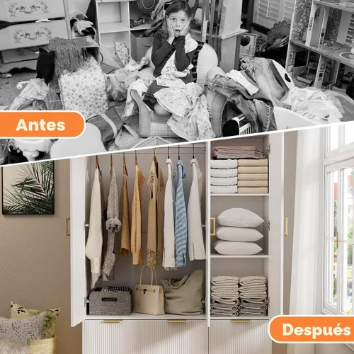 Miniatura 8 de PAKASEPT Armario de 3 puertas, armario de dormitorio con espejo y luces LED, barra para colgar, cajones, armario de almacenamiento de gran capacidad