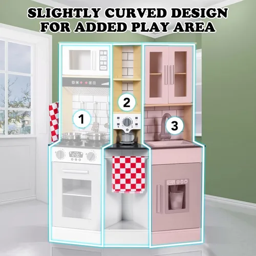 Miniatura 4 de BRINJOY Juego de cocina para niños, cocina de madera para niños con grifo, fregadero, estufa, horno, utensilios de cocina, gabinetes de Blanco