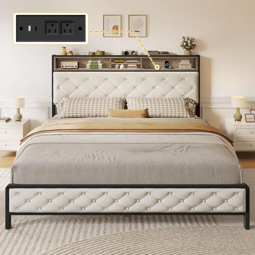 Miniatura 3 de DWVO Base de cama tamaño Queen con estación de carga, cama de plataforma tapizada con cabecera de almacenamiento, listones de metal resistentes,