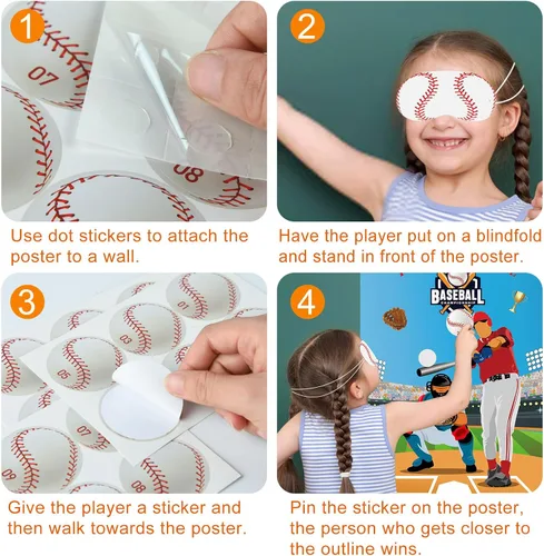 Miniatura 3 de PLULON Pin The Baseball Party Game para niños Pin The Baseball en el Guante y el Batón Póster grande con pegatinas para decoraciones de pared