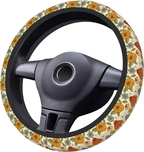 Miniatura 4 de Funda de volante vintage floral hippie de los 70, diseño de hongo retro, cubierta de volante de neopreno antideslizante para mujeres, hombres