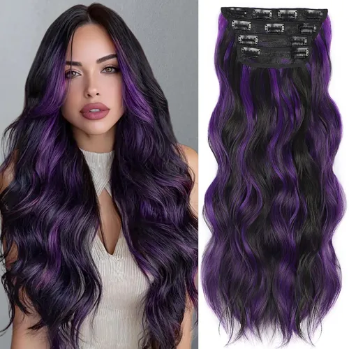 Miniatura 20 de ALXNAN Extensiones de cabello sintético largo y ondulado con clip, de 16 pulgadas, color negro natural, 4 piezas gruesas, fibra de doble trama