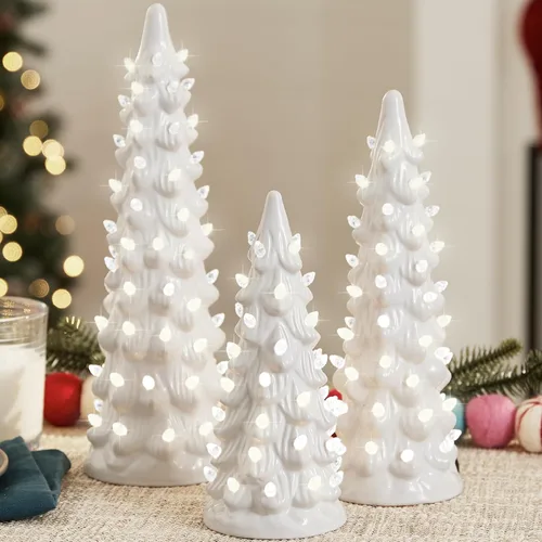 Miniatura 10 de Best Choice Products Juego de 3 árboles de Navidad de cerámica, decoración navideña de mesa pintada a mano con bombillas blancas cálidas, luces LED