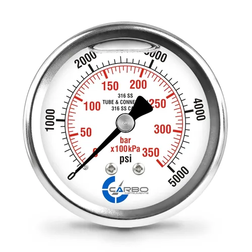 Miniatura 38 de Medidor de presión relleno de líquido de 300 PSI, dial de 2.5 pulgadas, montaje trasero 1/4 NPT, estuche 316 SS, 316 piezas mojadas SS, PSI/barra