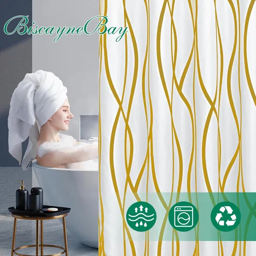 Miniatura 3 de Biscaynebay - Cortina de ducha extralarga de tela texturizada de 72 x 72 pulgadas, cortinas de baño modernas de lino con rayas doradas impresas