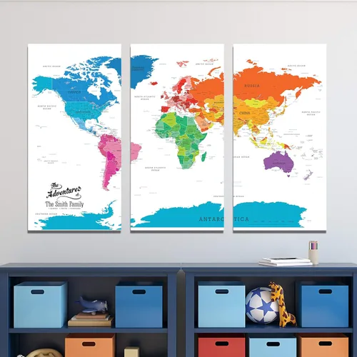 Miniatura 2 de 3 paneles - Mapa de viaje colorido del mundo con alfileres en lienzo envuelto en galería, mapa de pared grande