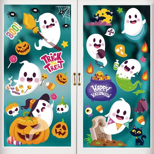 LOKIPA Adhesivos para ventana de Halloween, 8 hojas de calcomanías de Halloween para ventana de vidrio