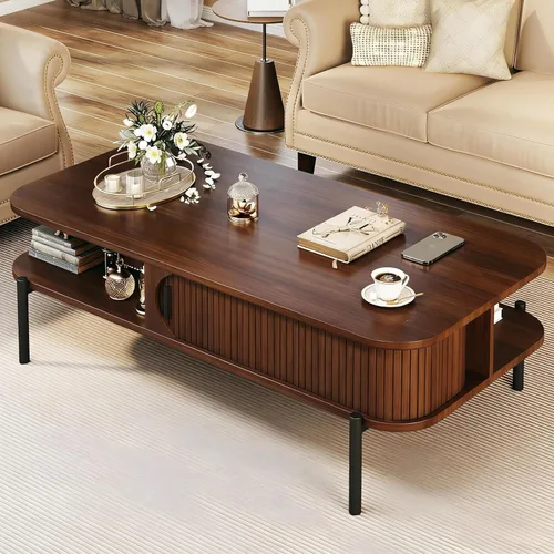 Miniatura 8 de Mesa de café, mesas de café modernas de mediados de siglo de 39.4" para la sala de estar, mesa de café con almacenamiento, estante abierto, mesa