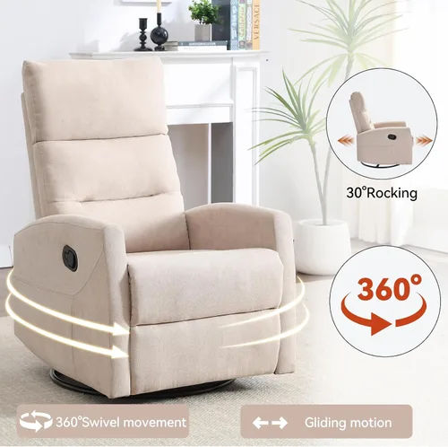 Miniatura 7 de PELUMY Silla reclinable manual, giratoria de 360° y sillón reclinable balancín con reclinable de 155°, sillón reclinable de tela compacta para Beige
