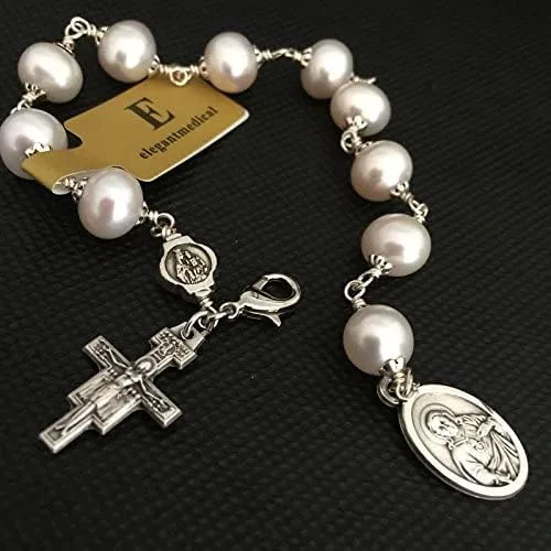 Miniatura 3 de elegantmedical HECHO A MANO Alambre De Plata Envoltura Perla ROSARIO PULSERA CRUZ CATÓLICA, Cobre
