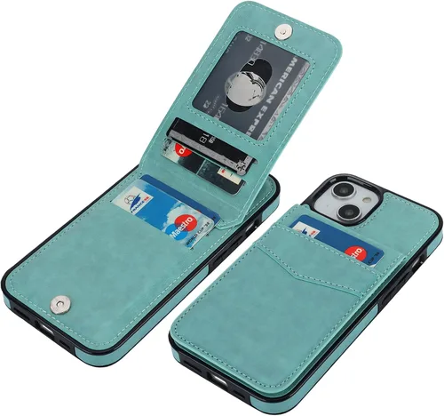 KIHUWEY Compatible con iPhone 14 Funda Cartera con Soporte para Tarjeta de Crédito, Tapa de Cuero Premium con Cierre Magnético Atril Funda Verde