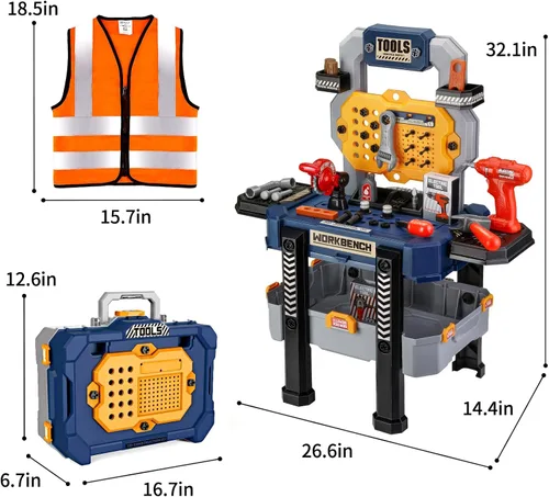 Miniatura 5 de Deejoy Banco para niños con herramientas realistas y taladro eléctrico, 79 herramientas de juguete realistas con ropa, regalo de aprendizaje