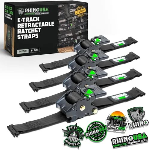 Miniatura 16 de Rhino USA Correas de trinquete retráctiles E-Track de 2 x 10 pies: resistencia máxima a la rotura de 3033 libras Compatible solo con sistemas