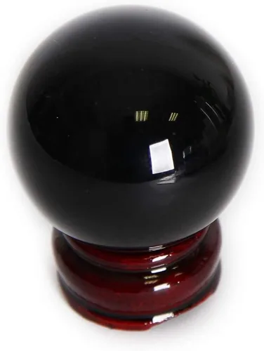Miniatura 4 de JIC Gem Pequeña esfera de obsidiana negra con soporte de madera para decoración de cristal de curación Fengshui, bola de meditación (55 mm, 2.2")