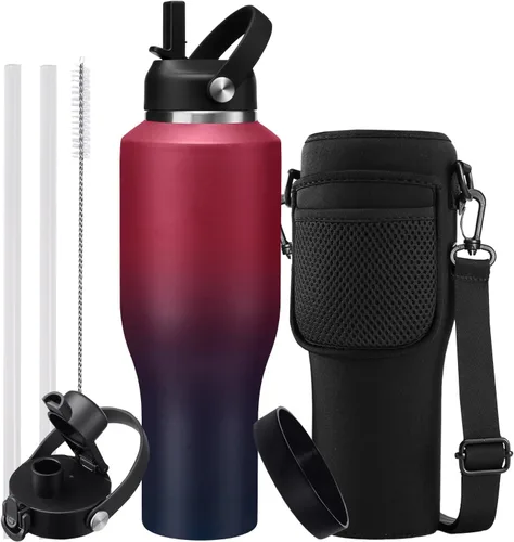 Miniatura 17 de Botella de agua de acero inoxidable de 32 onzas, frío-48 horas y caliente-24 horas, termo con popote y tapas de boquilla, bolsa, botella aislada al
