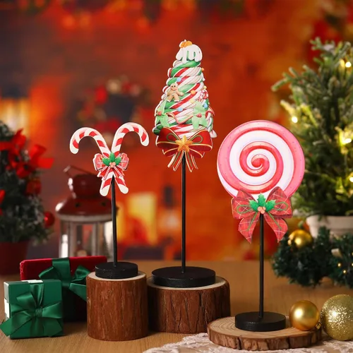 Miniatura 2 de Geetery 3 piezas de decoración de mesa de dulces de Navidad rojo y verde, centros de mesa de Navidad, letreros de madera, decoración de mesa
