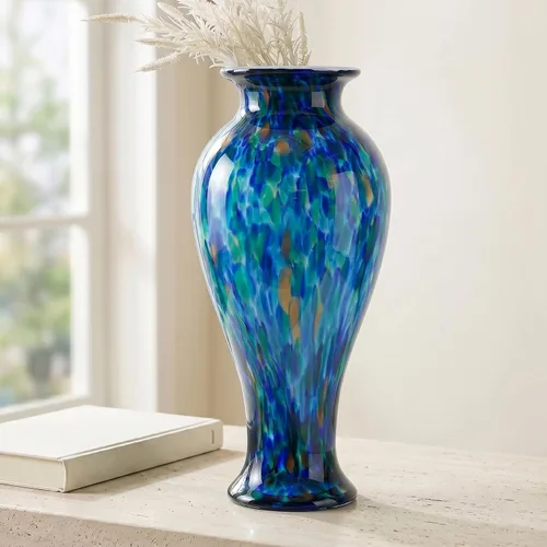 Miniatura 9 de Jarrón de vidrio azul de 20 pulgadas de alto soplado a mano para decoración del hogar, bonito y moderno jarrones de flores azul oscuro, jarrones