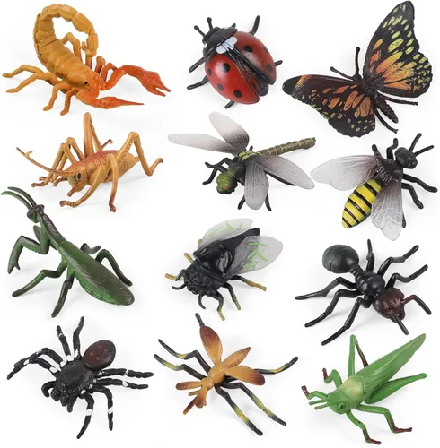 SIENON 12 figuras realistas de insectos, insectos de plástico grandes con mariquita, abeja, mariposa, hormiga, cricket, araña, escorpión, para