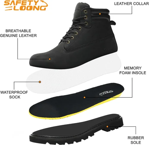 Miniatura 5 de Botas de trabajo para hombre, impermeables, con puntera suave, antideslizantes, cómodas, botas de trabajo de cuero Negro-impermeable
