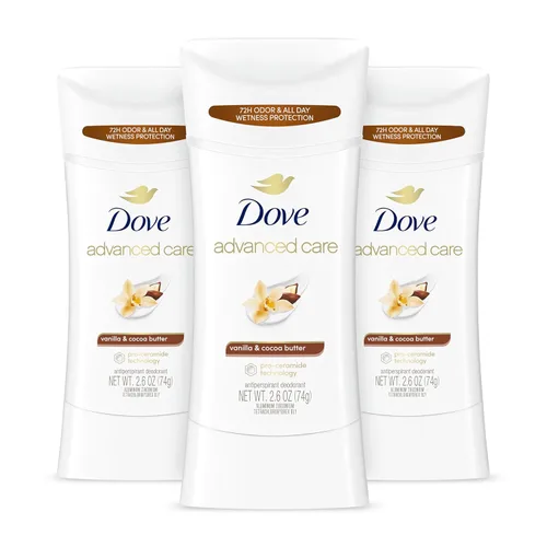 Dove Advanced Care - Desodorante antitranspirante en barra de vainilla y manteca de cacao, 3 unidades, desodorante antitranspirante con tecnología