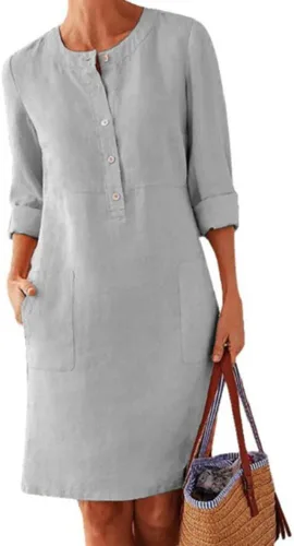PHILISENMALL Women's Crew Neck Mini Dress Vintage Casual Round Collar Solid Color Dresses Ideal Gifts for Girls Ladies Women