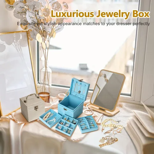 Miniatura 3 de INMORVEN Pequeño organizador de joyeros, estuche de terciopelo de 3 capas, organizador de joyas para mujeres y niñas, organizador de aretes, caja