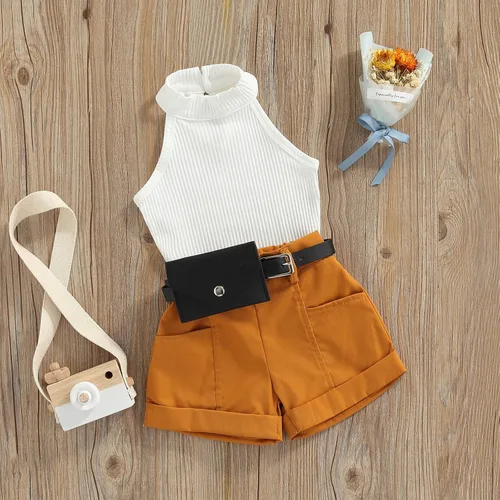 Miniatura 7 de TheFound Trajes de verano para niñas pequeñas, sin mangas, de punto acanalado, halter, pantalones cortos, ropa para recién nacidos, conjunto de 3