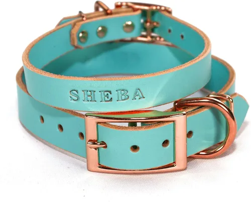 Miniatura 13 de Collar de cuero personalizado hecho a mano para perro con bridón grabado con el nombre de la mascota, herrajes en tono cobre/oro rosa (negro)