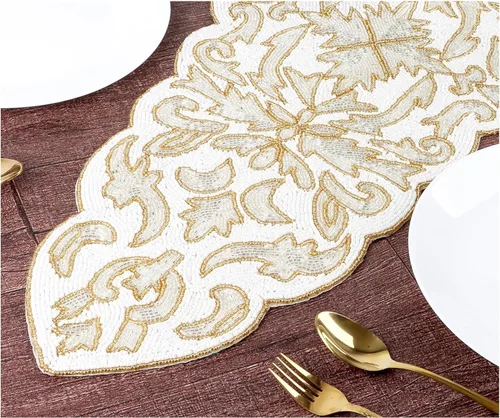 Camino de mesa con cuentas de 13 x 36 pulgadas, elegante centro de mesa de comedor con cuentas de vidrio y parte trasera de poliéster, camino Oro y