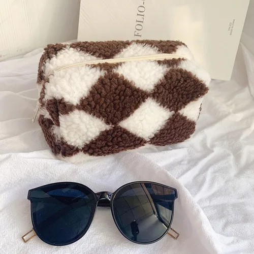 Miniatura 2 de Bolsa de Maquillaje a Cuadros de Felpa Bolsa de Cosméticos Estética a Cuadros Bolsos de Mano Lindos con Cremallera Bolsa de Viaje para Artículos