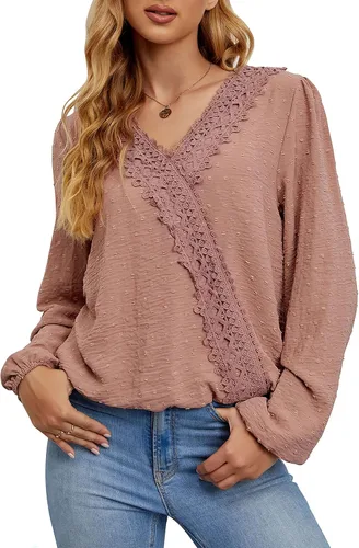 Miniatura 2 de LOLONG - Blusas de manga cortalarga, cuello en V y gasa, camisas de encaje con pompones, de estilo informal.