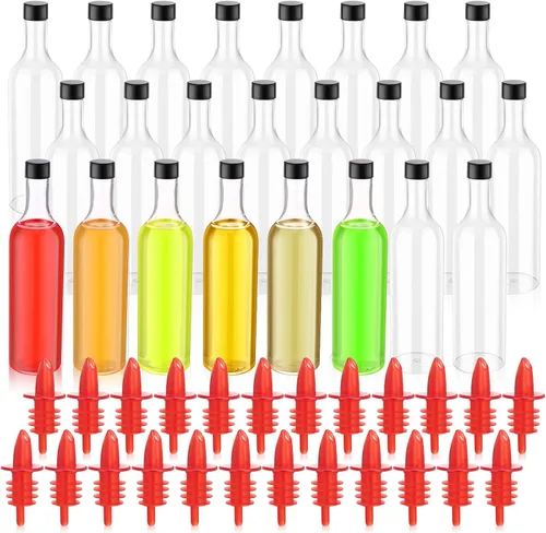 Miniatura 8 de Yinder 24 botellas de plástico de cuello largo con vertedor de 25 onzas, botellas vacías de licor de vino transparente para verter con 24 vertedores