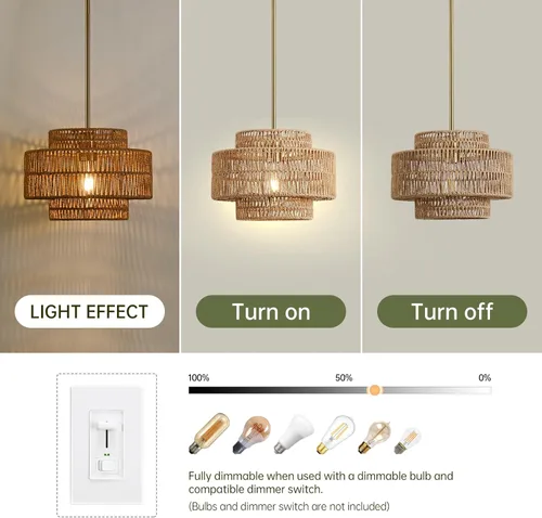 Miniatura 4 de 12.4” Candelabro de ratán boho, 1 luz, lámpara colgante tejida a mano, lámpara colgante rústica de estilo granja para isla de cocina, recámara