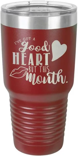 Miniatura 11 de Taza de viaje de acero con recubrimiento de polvo grabado por láser, con texto en inglés "IVE GOT A GOOD HEART BUT THIS MOUTH Engraved 30oz Taza