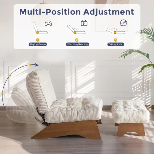 Miniatura 4 de MAXYOYO - Sillón decorativo con otomana y respaldo ajustable, silla capitoné para sala, reposera con reposapiés, silla moderna y acogedora Beige