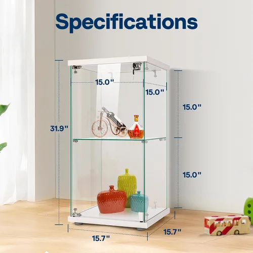 Miniatura 7 de VIVOHOME Gabinete de exhibición de vidrio de 2 capas con cerradura, 15.7" x 15.7" x 31.9" (ancho x profundidad x altura), vidrio templado, base