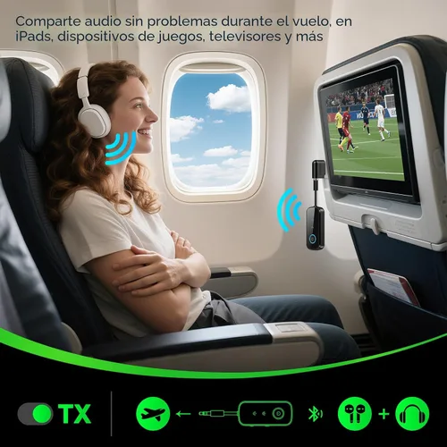 Miniatura 5 de Transmisor Receptor Bluetooth 5.4 Premium Pro, adaptador de audio de avión, transmisor inalámbrico para TV/vuelo de viaje, aerolínea, gimnasio. Negro