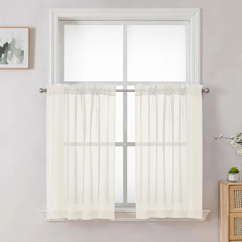 Miniatura 24 de OVZME - Cortinas traslúcidas blancas de 45 pulgadas de largo, 2 paneles, cortinas de gasa con bolsillo para barra para ventanas pequeñas, cada una