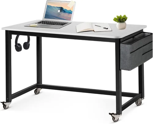 Miniatura 11 de AHB Escritorio para computadora con 4 ruedas lisas, escritorio móvil de estilo simple, mesa de estudio para oficina en casa, estación de trabajo
