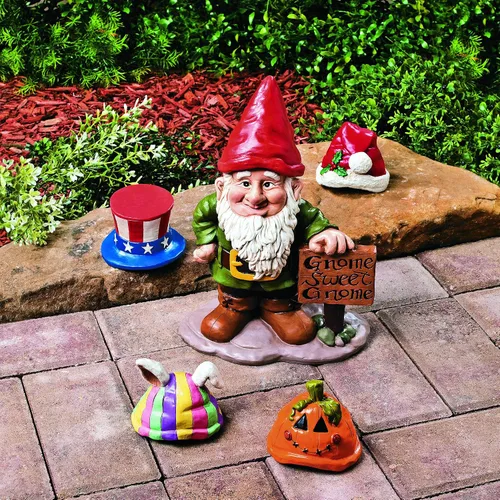 Miniatura 8 de Fun Express Estatua de gnomos de jardín para exteriores con 5 sombreros de temporada intercambiables, figuras de gnomos de resina para decoraciones