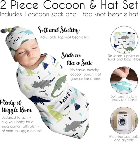 Miniatura 6 de Sweet Jojo Designs Mod Dino - Juego de 2 gorros y capullo para bebé, saco de dormir de punto elástico para bebé, recién nacido, saco de dormir, saco