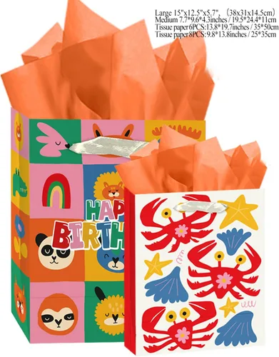 Miniatura 4 de qiqee Bolsas de regalo de papel surtido con asas de papel de seda, 8 bolsas de regalo de cartón de cumpleaños de animales florales para mujeres