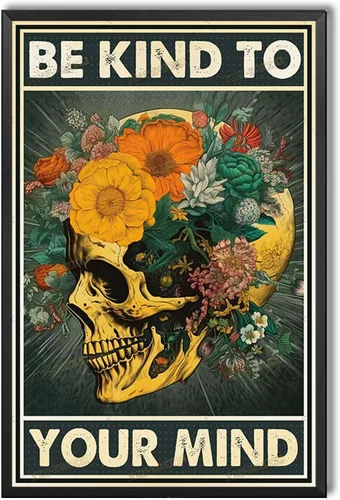 Miniatura 11 de TSEZLOJH Lienzo decorativo para pared, diseño de flores con texto en inglés «Be Kind to Your Mind», diseño retro para tus familiares y amigos, marco