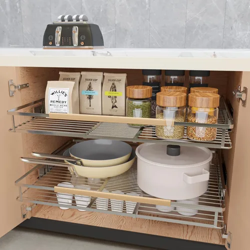 Miniatura 3 de Paquete de 2 organizadores extraíbles expandibles, cajones deslizantes para armarios de cocina, guías de cajones resistentes para el hogar, cocina